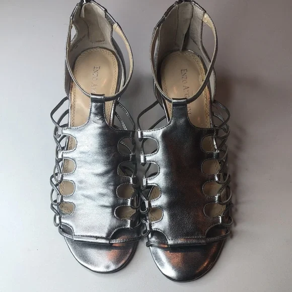 Enzo Angiolini Silver Strappy Leather Heels Elegant Design  Zipper Back 7 1/2M - Picture 4 of 15